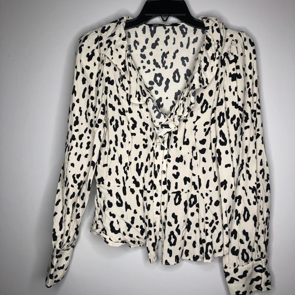 Zara Animal Print ruffle button down blouse